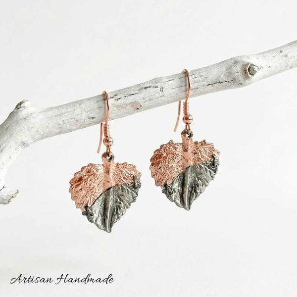 Artisan Silver Two Tone Rose Leaf Pewter Earrings - SOULZA AUSTRALIA