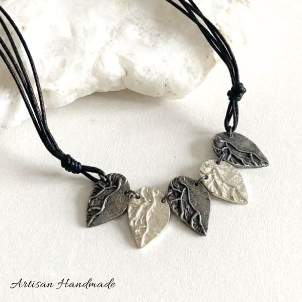 Artisan Two Tone Pewter Multi Leaf Necklace - SOULZA AUSTRALIA