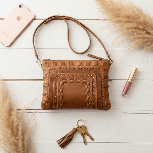 Chestnut Tan Stitch n Stud Crossbody Bag - SOULZA AUSTRALIA