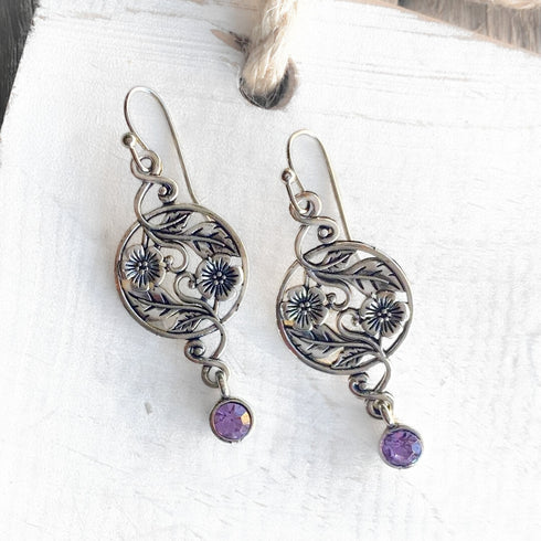 Purple & Silver Earrings - Etched Flower - SOULZA AUSTRALIA