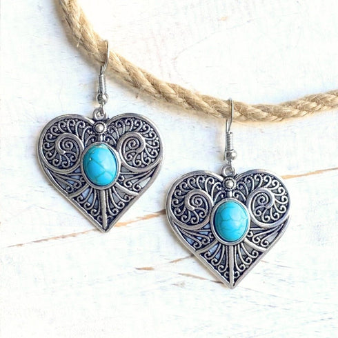 Boho Turquoise Filigree Heart Earrings - SOULZA AUSTRALIA