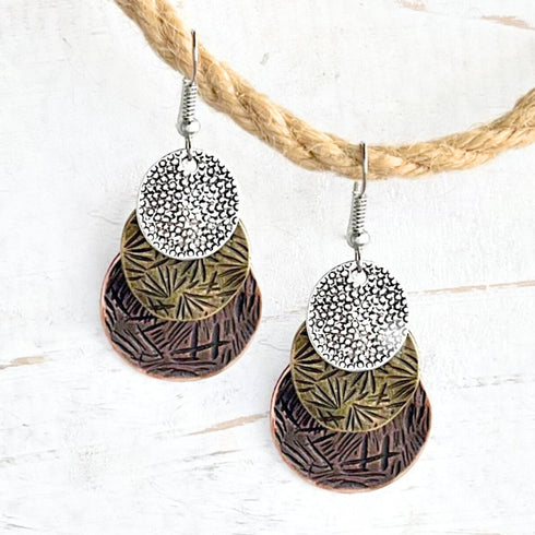 Copper, Brass and Silver Circle Etched Earrings