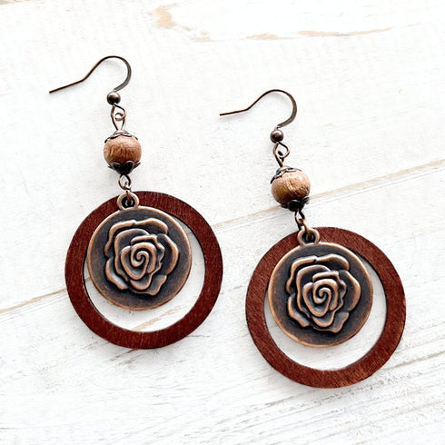 Copper Flower & Wooden Circle Earrings - SOULZA AUSTRALIA