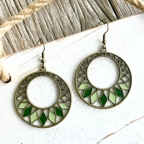 Green Boho Brass Circle Earrings - SOULZA AUSTRALIA