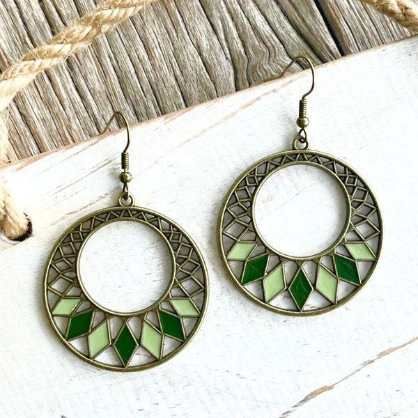 Green Boho Brass Circle Earrings - SOULZA AUSTRALIA