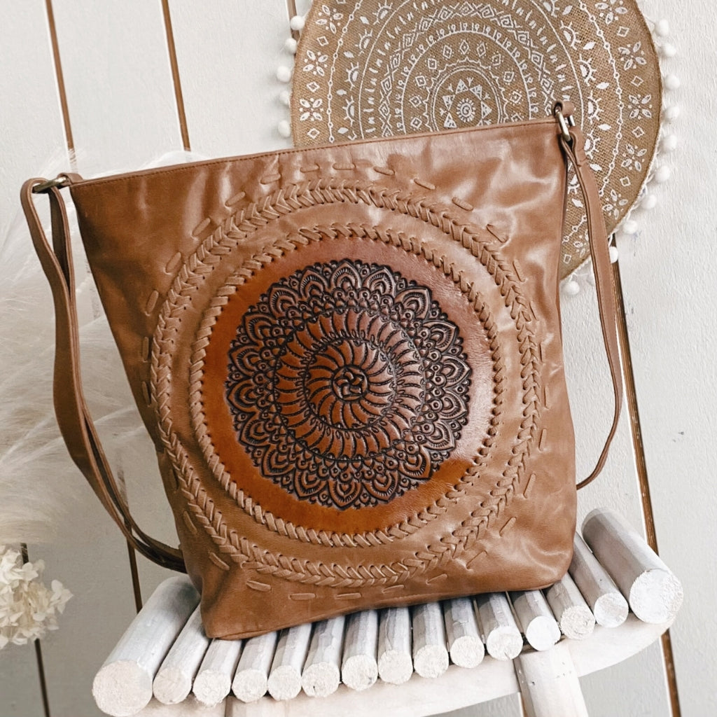 Tan Handtooled Boho Mandala Shoulder Bag Bohemian Crossbody Bag