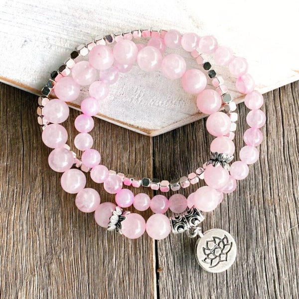 Rose Quartz Stone & Silver Bead Bracelet Set - SOULZA AUSTRALIA