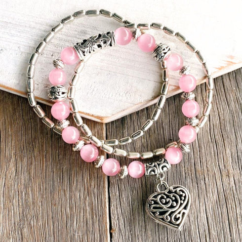 Pink Cat's Eye & Silver Heart Bracelet Set