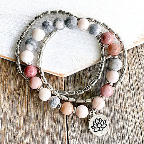 Boho Pink Rhodonite Stone Bracelet Set - SOULZA AUSTRALIA