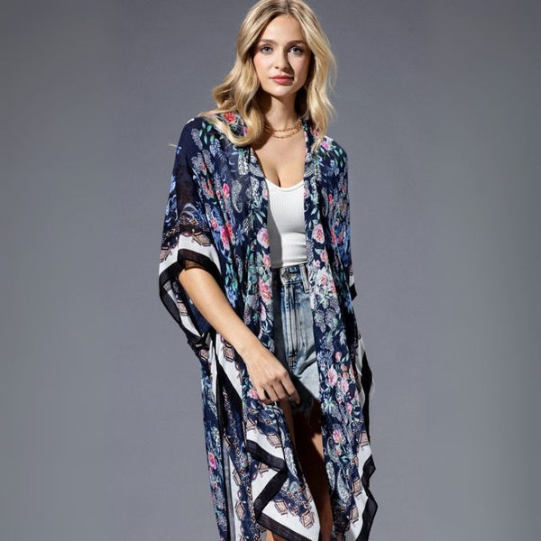 Dark Blue Floral Bohemia Kimono