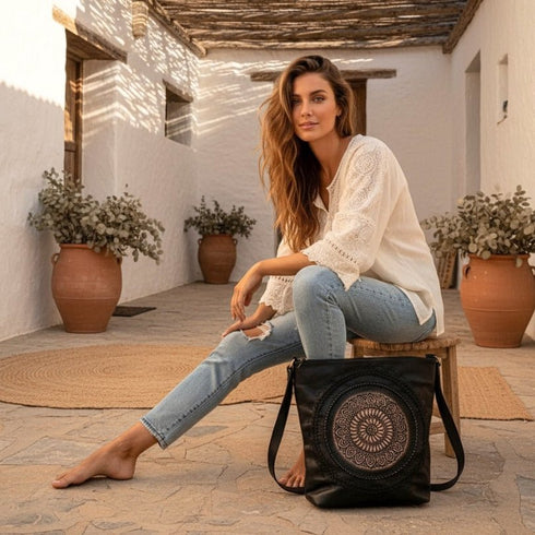 Black Boho Handtooled Leather Mandala Bag - SOULZA AUSTRALIA