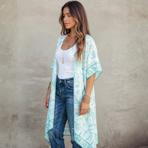 Teal n White Boho Style Kimono