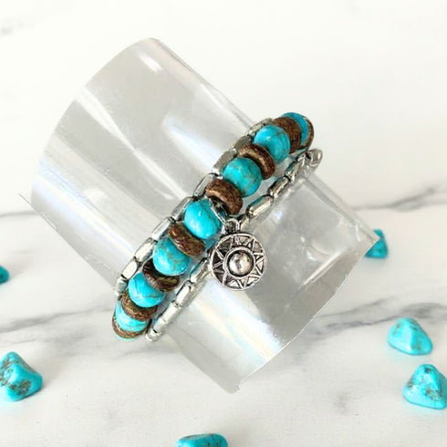 Turquoise, Wood n Silver Boho Bundle Bracelet Set - SOULZA AUSTRALIA