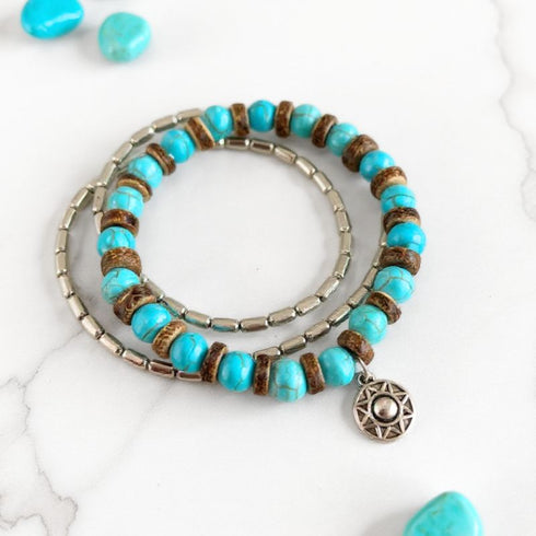 Turquoise, Wood n Silver Boho Bundle Bracelet Set - SOULZA AUSTRALIA