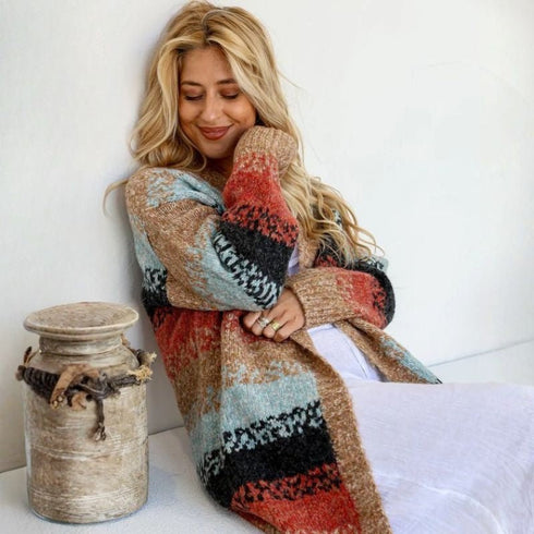 Umber Sunset Patterned Long Knit Cardigan - SOULZA AUSTRALIA