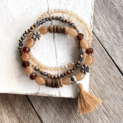 Tan Beaded Flower Boho Bracelet Set - SOULZA AUSTRALIA