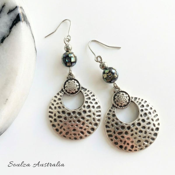 Black Disco Abalone Hammered Bead Earrings - Handmade by Soulza