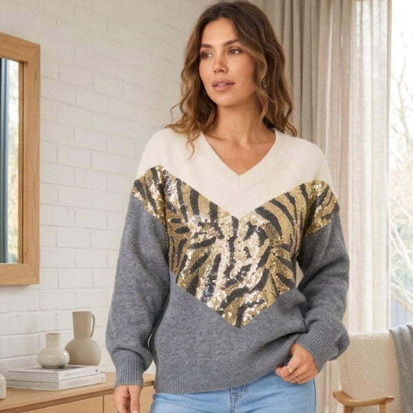 Tiger Print Chevron Sequin Knit Jumper