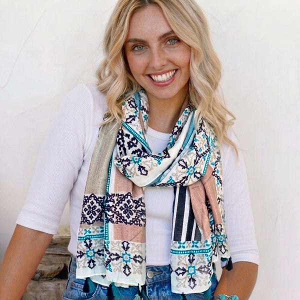 Teal Geometric Boho Tassel Scarf