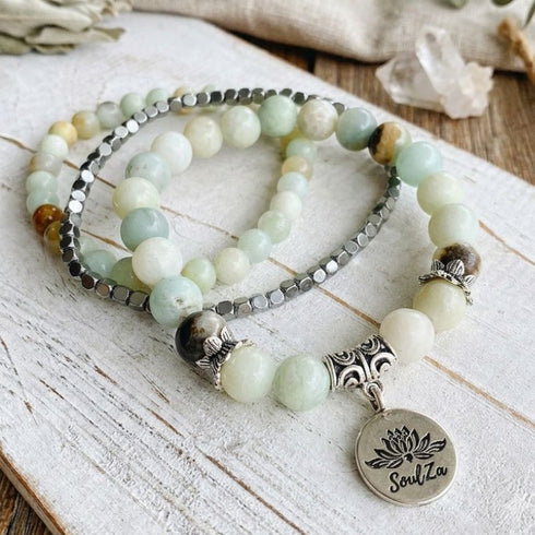 Boho Amazonite Stone & Silver Bead Bracelet Set