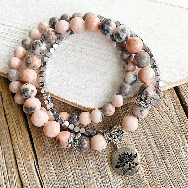 Boho Pink Zebra & Silver Soulza Bead Bracelet Set