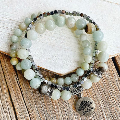 Boho Amazonite Stone & Silver Bead Bracelet Set