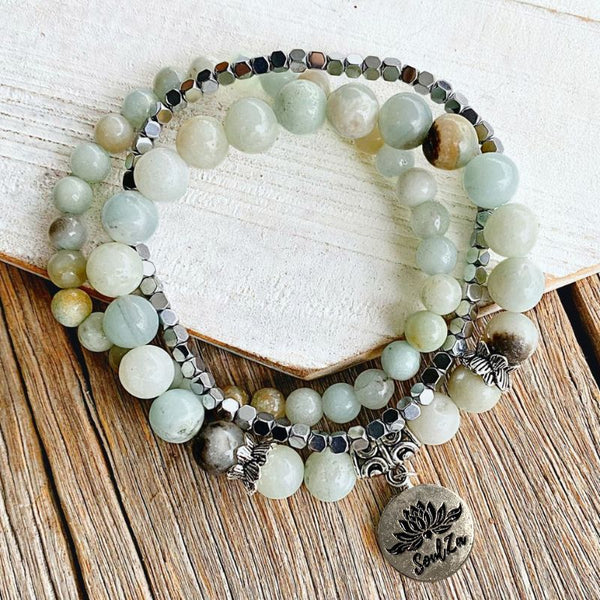 Boho Amazonite Stone & Silver Bead Bracelet Set