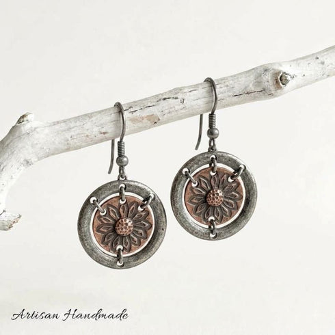 Artisan Pewter Sunflower Boho Earrings