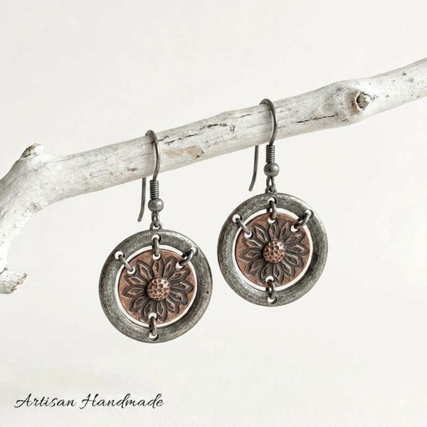 Artisan Pewter Sunflower Boho Earrings