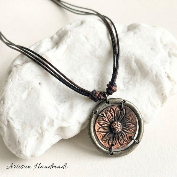 Artisan Two Tone Pewter Sunflower Necklace