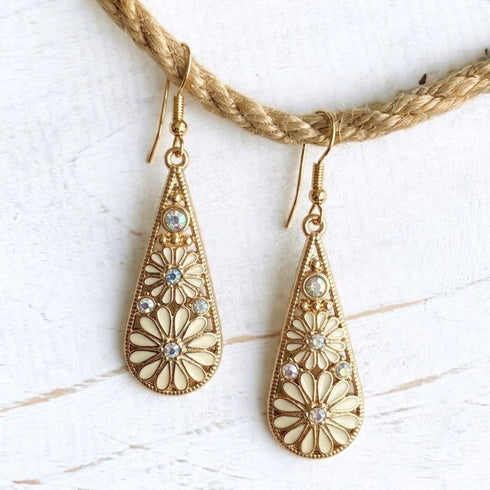 White & Gold Boho Diamante Flower Earrings