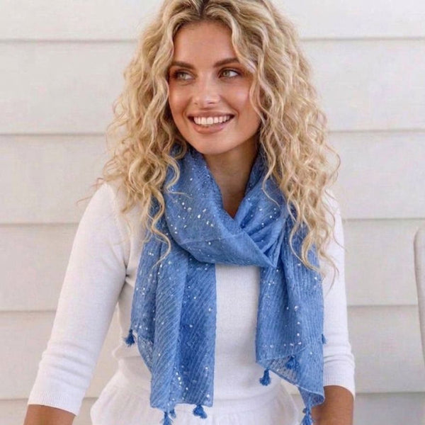 Blue Sparkle Tassel Crinkle Scarf