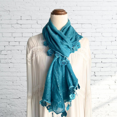 Teal Sequined Edged Flower Scarf - SOULZA AUSTRALIA