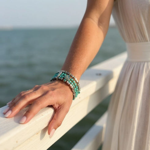 Turquoise Bead & Silver Alloy Bracelet Set - SOULZA AUSTRALIA