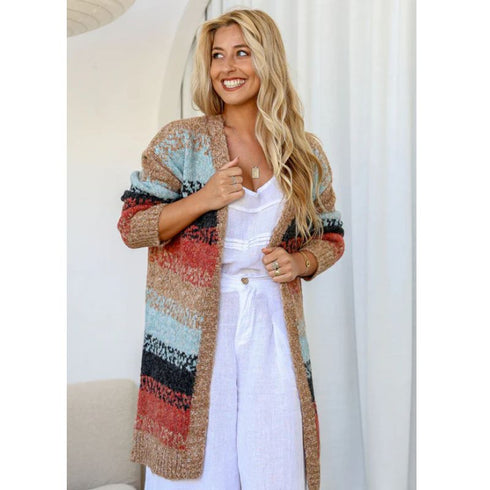 Umber Sunset Patterned Long Knit Cardigan - SOULZA AUSTRALIA