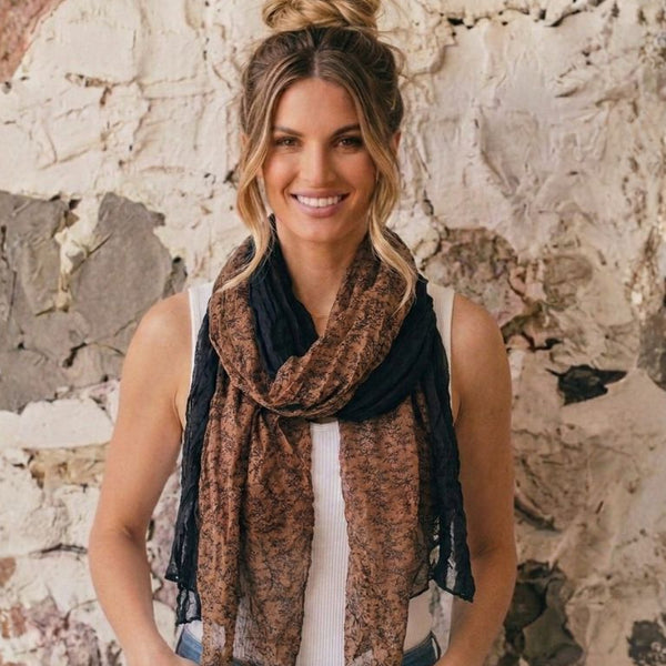 Rust n Charcoal Floral Ruffle Scarf