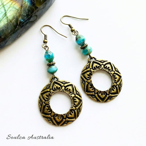 Ocean Blue & Brass Czech Glass Bead Mandala Earrings - Handmade by Soulza - SOULZA AUSTRALIA