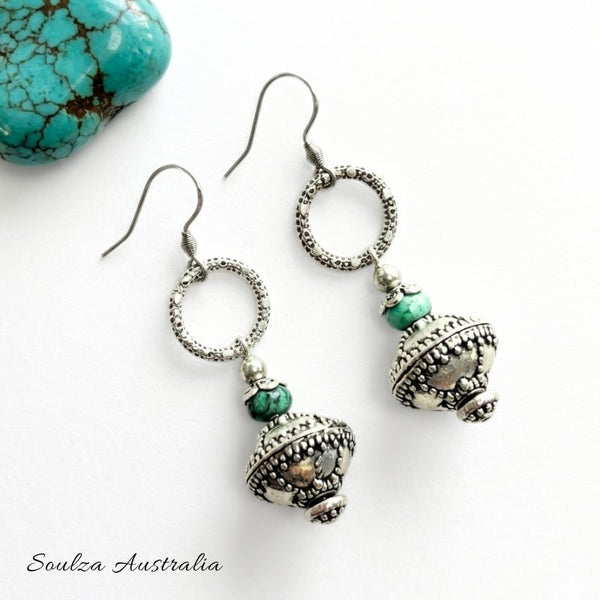 Silver n African Turquoise Eclectic Drop Earrings - Handmade by Soulza - SOULZA AUSTRALIA
