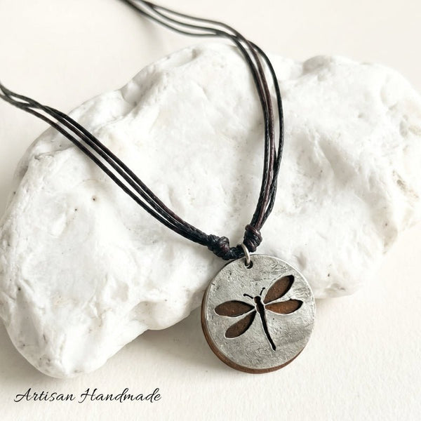 Artisan Two Tone Pewter Dragonfly Circle Necklace - SOULZA AUSTRALIA