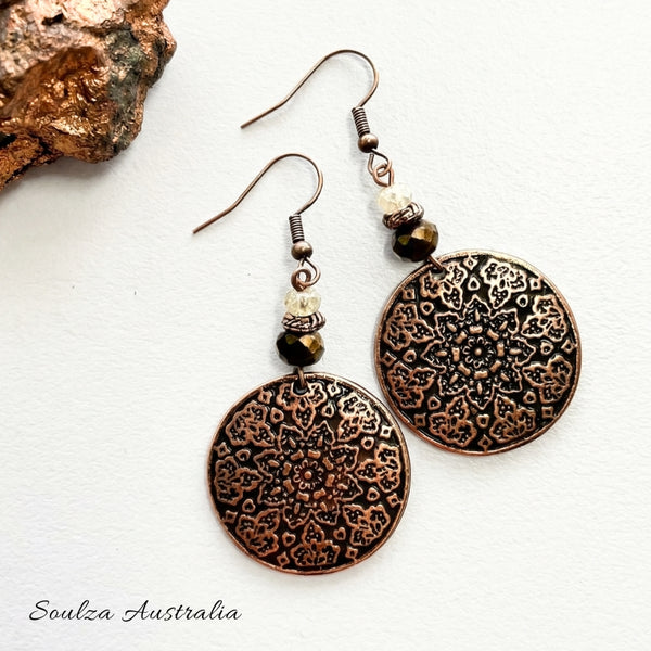 Copper n Bronze Mandala Czech Glass Bead Earrings - Handmade by Soulza