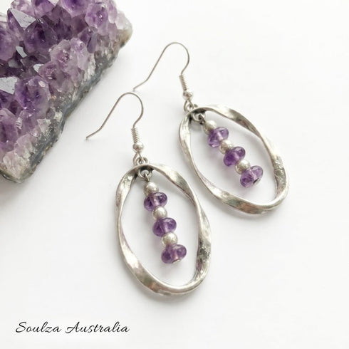Amethyst Twisted Antique Silver Earrings - Handmade by Soulza - SOULZA AUSTRALIA