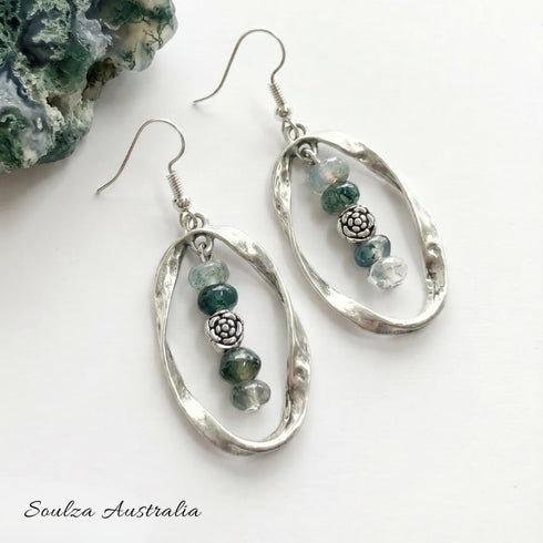 Moss Agate Twisted Silver Earrings - Handmade by Soulza - SOULZA AUSTRALIA