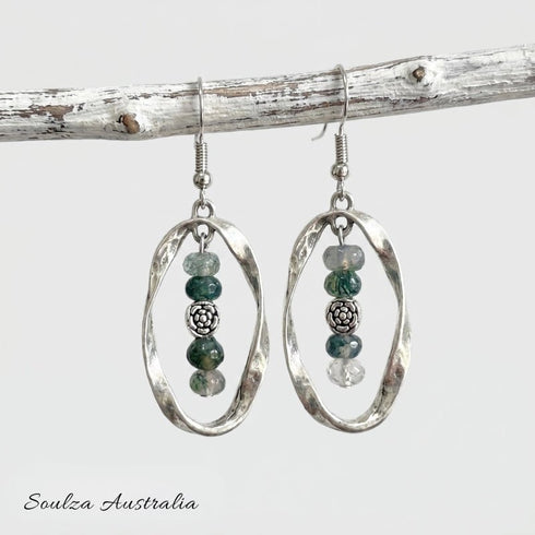 Moss Agate Twisted Silver Earrings - Handmade by Soulza - SOULZA AUSTRALIA