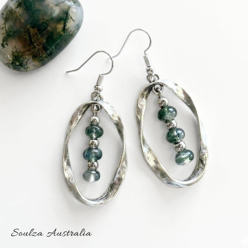 Moss Agate Twisted Antique Silver Earrings - Handmade by Soulza - SOULZA AUSTRALIA