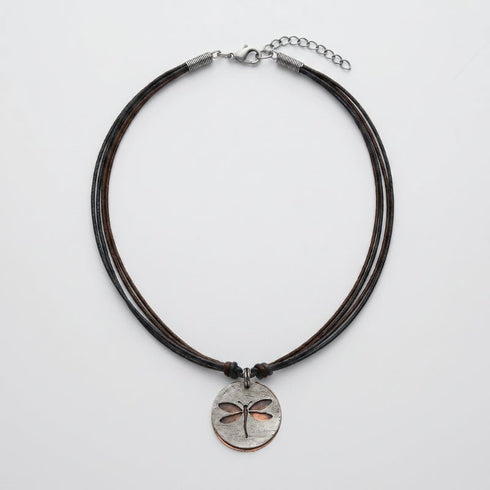 Artisan Two Tone Pewter Dragonfly Circle Necklace - SOULZA AUSTRALIA
