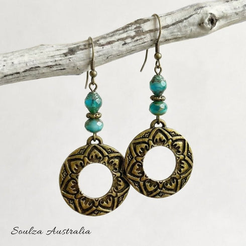 Ocean Blue & Brass Czech Glass Bead Mandala Earrings - Handmade by Soulza - SOULZA AUSTRALIA