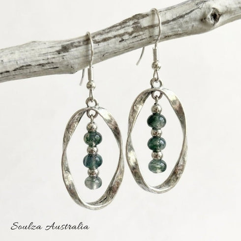 Moss Agate Twisted Antique Silver Earrings - Handmade by Soulza - SOULZA AUSTRALIA
