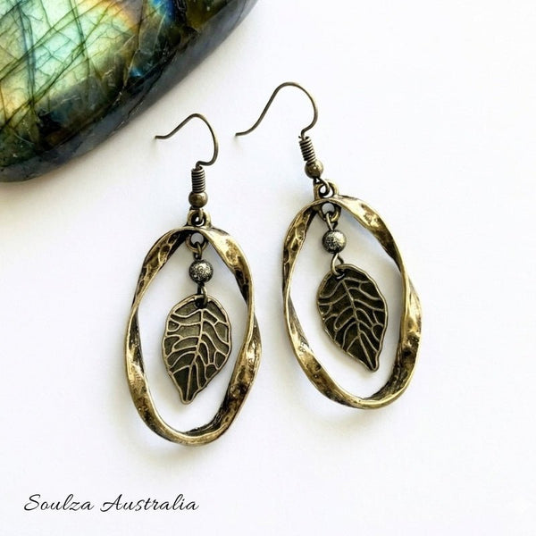 Brass Leaf Twisted Antique Earrings - Handmade by Soulza - SOULZA AUSTRALIA