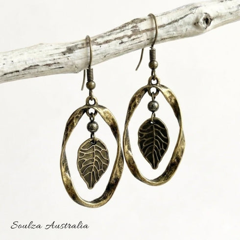 Brass Leaf Twisted Antique Earrings - Handmade by Soulza - SOULZA AUSTRALIA