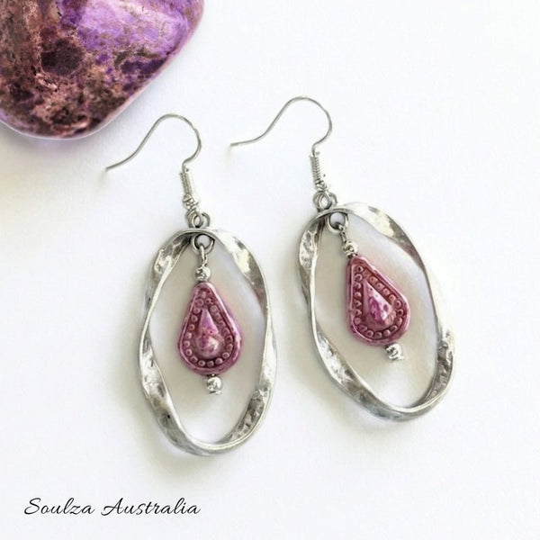 Purple Marble Twisted Antique Silver Earrings - Handmade by Soulza - SOULZA AUSTRALIA